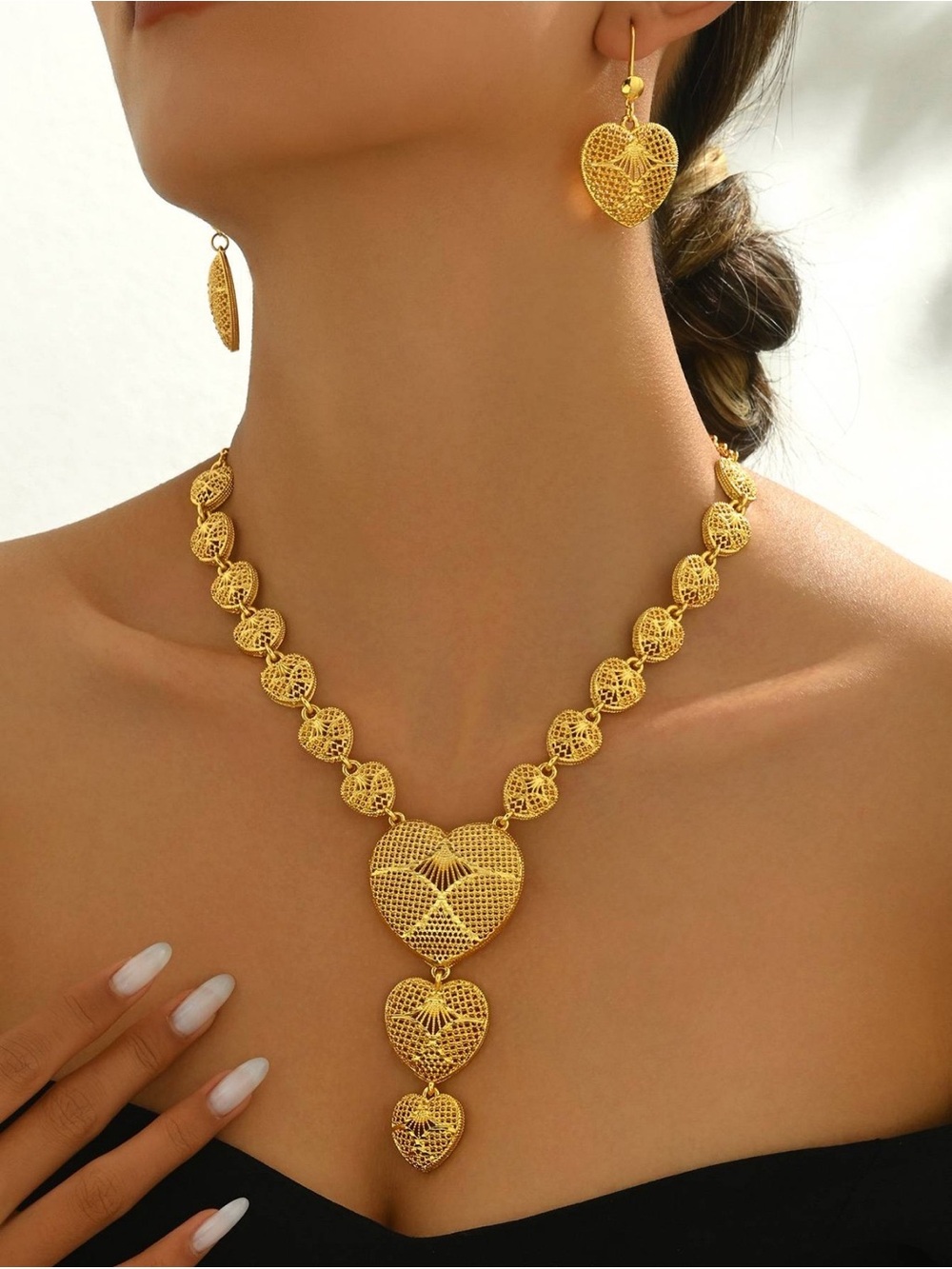 18K Gold Plated Heart Filigree Necklace and Earrings Set - Women Jewelry